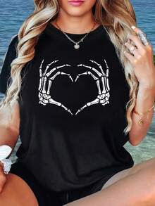 Ropa de otoño, camiseta casual de mujer con cuello redondo - Diseño de calavera, mano y corazón - Estampado de primavera-verano, entrega local rápida - Negro - Ver 2
