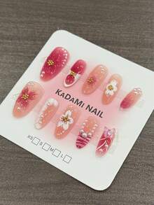 10 Peças Unhas Postiças Estilo Oceano, Formato Amêndoa, Design 3D de Estrela-do-Mar, Concha e Flor, Decoração de Pérola e Ouro, Unhas Artificiais de Cobertura Total Brilhante, Adequadas para Mulheres e Meninas, Férias de Verão, Praia e Uso Diário - Pink - Visão 7