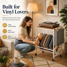 Rolling Record Player Stand With Vinyl Storage For 130 Albums, 2-Tier Turntable Table With Lockable Wheels, Metal Frame And Side Magazine Holder, White - Natural & White - View 3