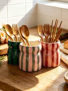 4pcs Handmade Wavy Ceramic Utensil Holder, Glossy Macaron Color Cutlery Storage Canister, Kitchen Countertop Utensil Organizer, Multi-Functional Spoon Fork Chopstick Holder, Farmhouse Style Tabletop Home Decor - Multicolor - View 7