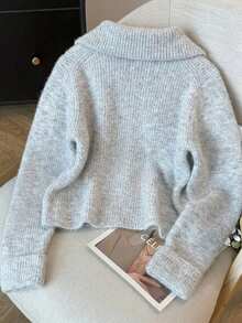 Women's Casual Cute Y2K Zipper Ribbed Knit Cardigan Thick Jacket Coat, Grey, For Autumn/Winter Outfits, Back To School, Dates, Christmas - Grey - View 7