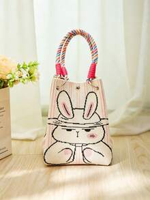 Women Knit Bucket Tote Bag,Cartoon Rabbit Print Striped With Metal Rings,Snap Button,Portable Daily,Lovely Casual For Girls Spring Summer Shop Daily - Beige - View 4