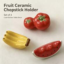 Set Of 3 Cute Fruit Shaped Ceramic Chopstick Rest, Tomato Banana Watermelon Design Chopstick Holder, Adorable Table Decor Kitchen Utensil Rest For Home Dining Restaurant Use - View 2