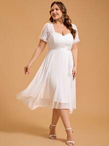 Plus Size Women Solid Color Mature Party Elegant Romantic Chiffon Lace Collar Bridal Gift Party Dress Wedding White Fall - White - View 6