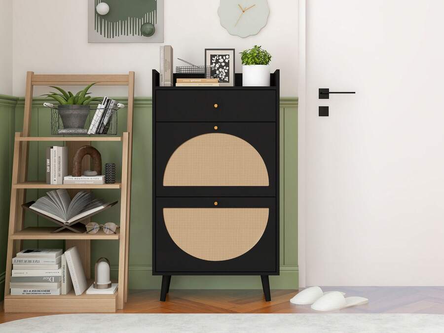 Rattan-Look Shoe Cabinet / Large Spacious Shoe Cabinet / Two-Tier Shelves / Easy To Clean / Load Capacity: Approx. 10 Kg / Suitable For Living Room, Entrance, Hallway - Black - View 1