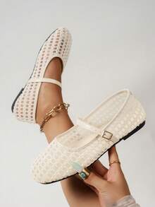 Summer New Ballet Style Flat Shoes For Women, Mesh Buckle Design, Suitable For Daily Wear And Commuting - White - View 2