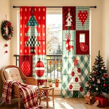 2pcs Christmas Style Fabric Patchwork Semi-Blackout Bedroom Curtains, 90GSM Polyester Semi-Sheer Privacy Protection, Christmas Style Living Room Curtains, Kitchen Curtains, Suitable For Home, Room, Kitchen Partition Or Decoration, Rod Pocket Design Easy Installation, Quick Dry, Water-Resistant, Non-Fading, Lightweight Removable Washable Curtains - Multicolor - View 6