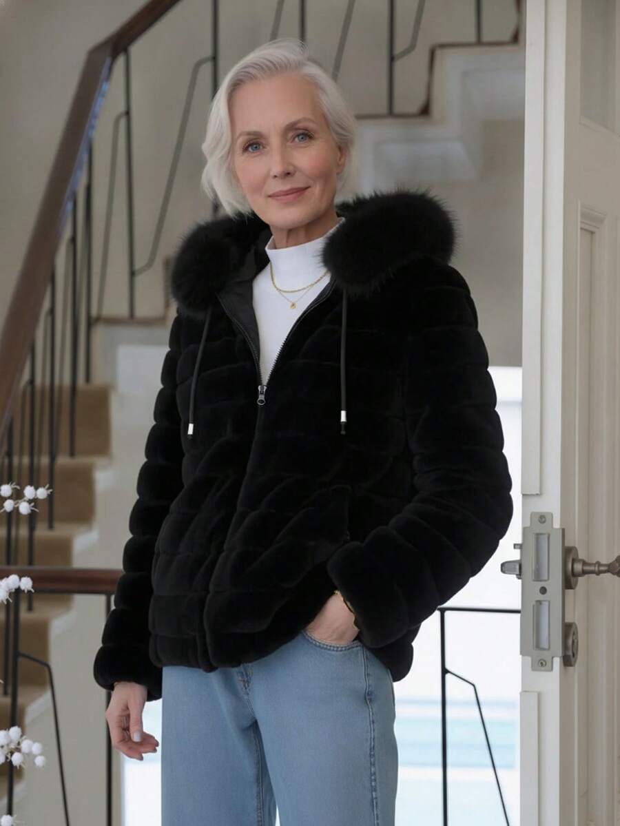 Elegant & Fashionable: Reversible Women's Down Jacket With Faux Fur And Comfortable Hood, Suitable For Autumn/Winter - Black - View 1