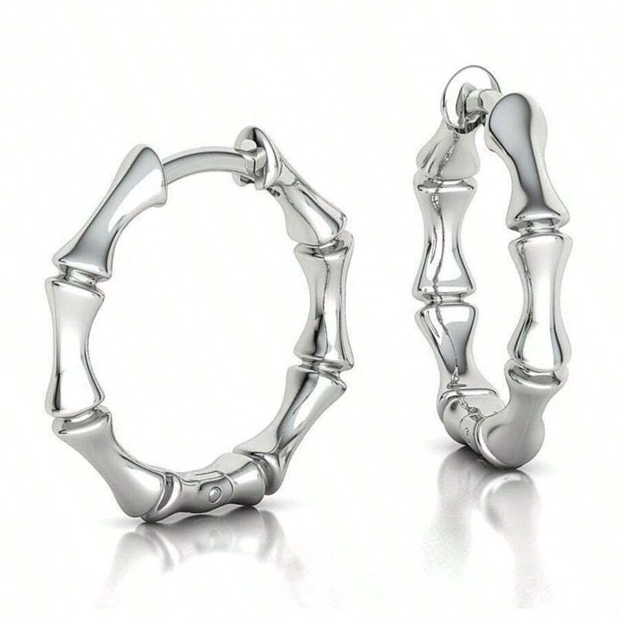 Gradient Bamboo Pattern Eternal Circle Silver Hoop Earrings, Lightweight Luxury Elegant Women's Accessory, Essential For Summer Beach, Seaside Vacation, Bridal Styling, Suitable For Vacation, Wedding, Daily Wear - Silver - View 1