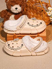 HOEASE Sandal Rumah Musim Dingin Anak Perempuan dengan Lapisan Bulu Halus, Sol Lembut EVA, Desain Slip-On, Dekorasi Berlian Imitasi, Hadiah Ideal untuk Halloween, Natal - Krem - View 5