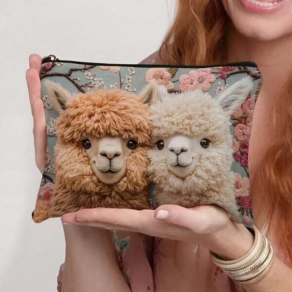 1pc 3D Print Cute Alpaca Clutch Bag, Cartoon Farm Animal Makeup Cosmetic Pouch, 3D Effect Sheep & Clover Grass Zipper Pouch For Travel, Daily Use, Gift