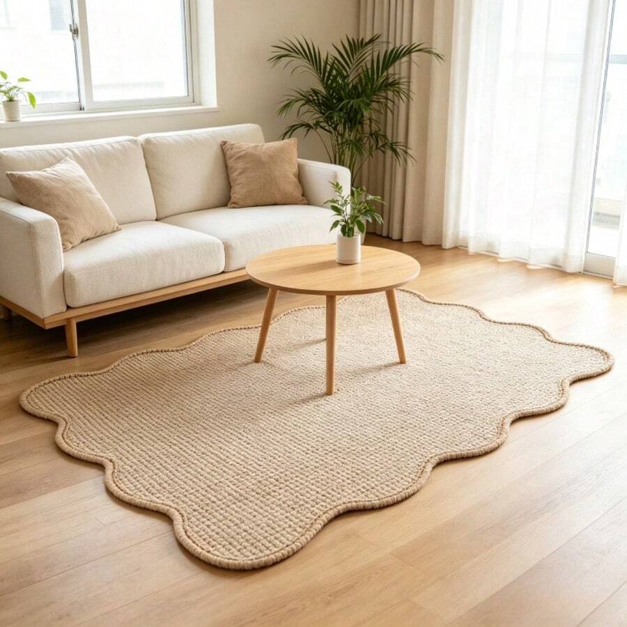 1 pieza Alfombra de borde de nube de sisal sintético, alfombra decorativa para el hogar, color madera natural, antideslizante y lavable a máquina, adecuada para alfombra decorativa, decoración de dormitorio, alfombra pequeña para sala de estar, alfombra de entrada, alfombra lavable - Camel - Ver 1