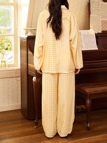 Gongdie 2 Pieces Disney Winnie The Pooh Women Pajama Set,Spring Fall Gingham Soft Cotton Loungewear With Zigzag Trim And Pocket - Yellow - View 6