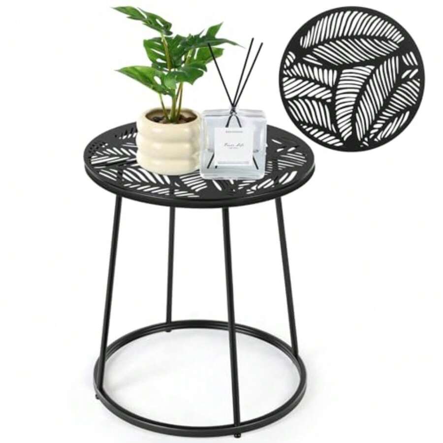 Vercraft Mesa auxiliar redonda pequeña de metal de 14 pulgadas, resistente a la intemperie, patio, mesa de bistró, soporte de flores para interiores y exteriores, patio, balcón, porche, jardín - Multicolor - Ver 1