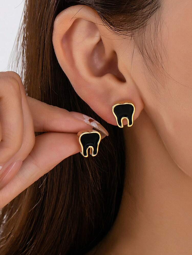 1 Pair Fashionable Delicate Small Elegant Versatile Gold-Plated Black Enamel Cute Tooth Stud Earrings, Suitable For Girls - Black - View 6