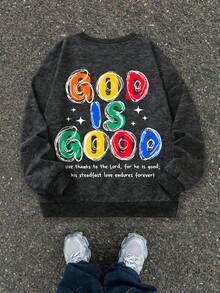 Vintage Street Boy Style Washed Crew Neck Sweatshirt, Back Colorful Hand-Drawn Letter Print God Is Good, Soft Autumn/Winter Campus Top - Black - View 3