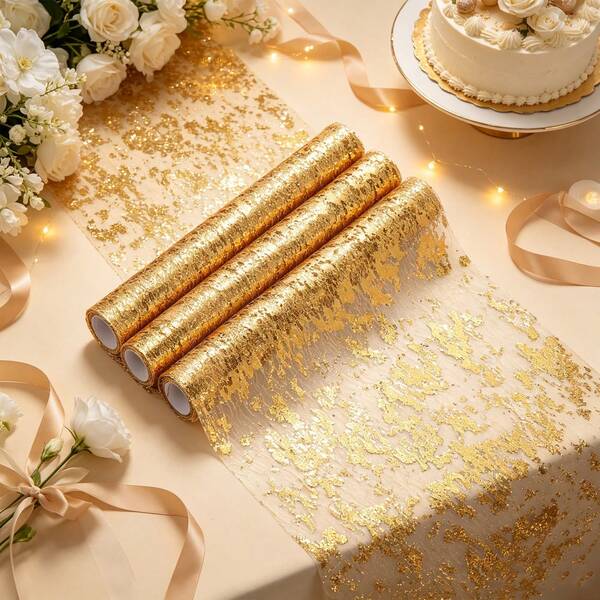 Table Runner Roll - Shiny Metallic Gold Runner With Running Man Design, Perfect For Christmas And Thanksgiving - Sparkly Mesh Table Runner - Silver Table Decoration - Ideal For Wedding Party, Centerpiece And Decor For Dining Table 1pc