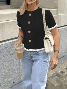 女士夏季纽扣饰边针织上衣，优雅休闲短袖针织衫，适合约会和日常穿着，黑色 - 黑色 - 查看 5