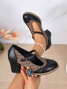 Punk Buckle Vacation Retro Polka Dot T-Strap Chunky Heel Mary Jane Shoes Women British Color Block Round Toe High Heel Pumps Daily Commute Shoes - Black - View 4