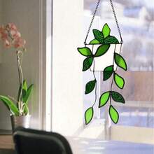 1pc Green Plant Window Catcher, Colorful Glass Window Hanging Decor, Handmade Faux Plant Colorful Glass Panel Catcher, Suitable For Plant Lovers, Unique Home Indoor/Outdoor Decoration - Green Leaves - View 4