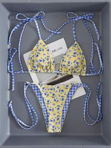Women's Ditsy FloralPrint Triangle Neck Bikini 2 Pieces Set, Suitable For Island Vacation And Swimming - Multicolor - View 3