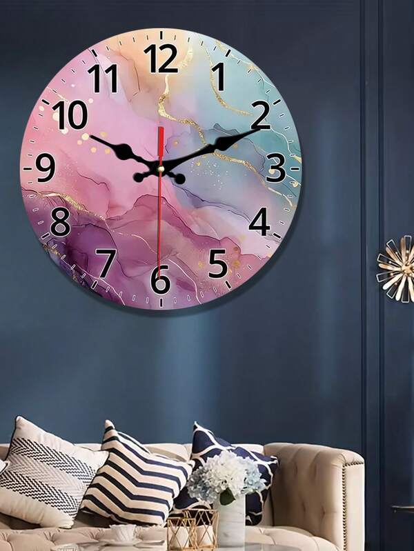 Abstrakte Aquarell Wanduhr - Leise, runde Holzuhr mit rosa, blauen, gelben und goldenen Dekorationen, geeignet für Küche, Schlafzimmer, Wohnzimmer, Treppenhaus, Waschküche - (AA Batterien nicht enthalten), Wohnzimmeruhr