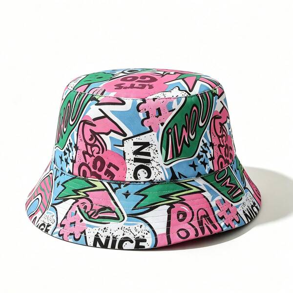 1 Peça Novo Chapéu de Balde com Estampa de Grafite WOW, Adequado para Passeios na Praia, Presente Ideal, Leve e Respirável, Perfeito para Atividades ao Ar Livre