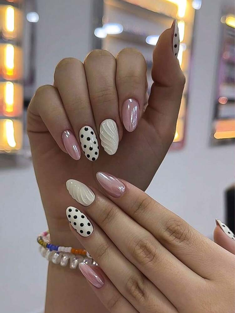 30pcs Long Almond Shape 3D Gel Nail Art, Polka Dot Nail Design, French Press-On Nails, Fake Nails Set, Includes: 1pc Jelly Glue And 1pc Nail File, Suitable For Party, Dancing And Daily Use. - Multicolor - View 8