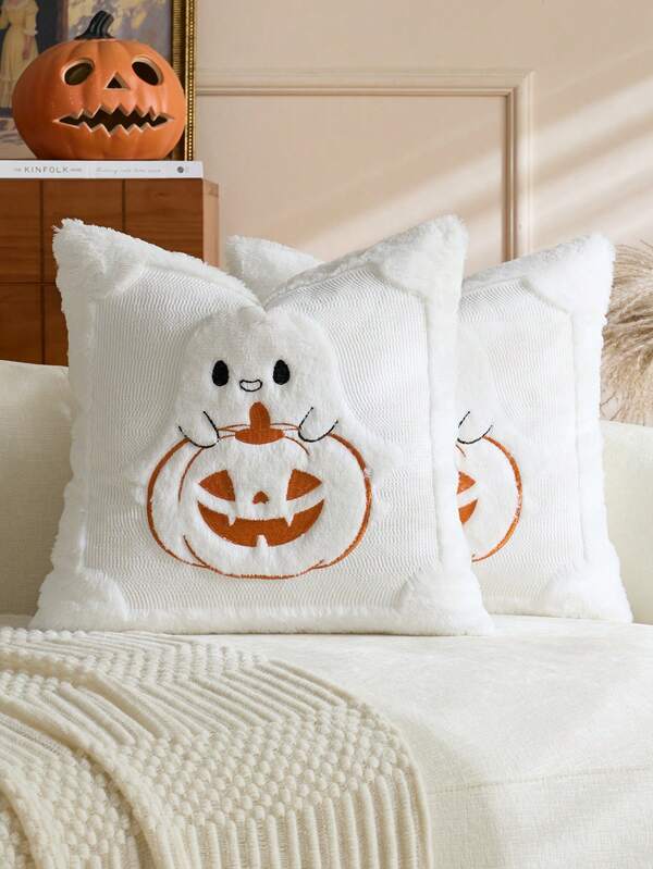 1/2pcs White Halloween Cute Ghost Pumpkin Decorative Pillowcase, Front Quilted Ghost Pumpkin, Back Dutch Velvet Fabric, Square Cushion Cover, Holiday Home Pillowcase Decor, Soft Comfortable Velvet Fabric, Modern Decorative Sofa, Home Bedroom