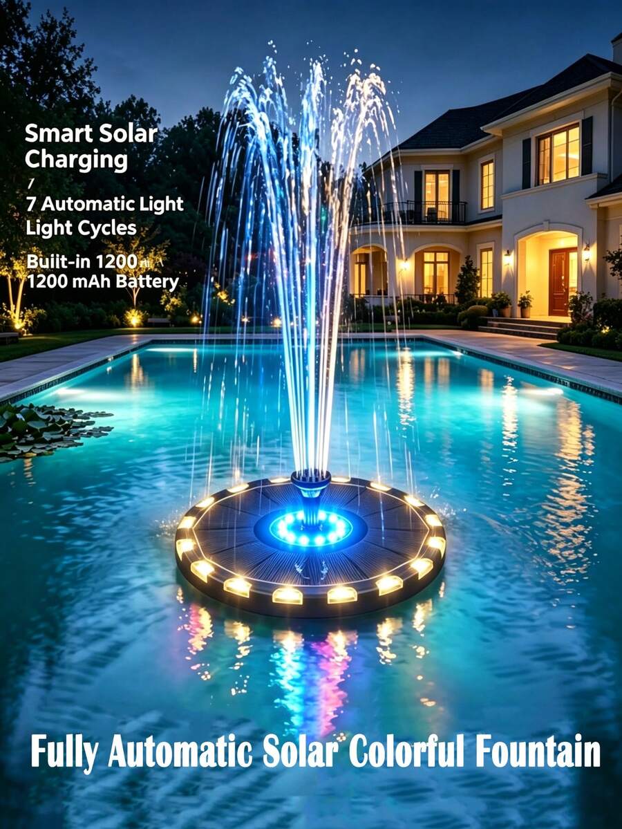 1件裝 大型RGB太陽能浮動噴泉水泵，7種自動循環燈光模式，附儲能電池太陽能噴水器，別墅泳池露台池塘裝飾太陽能噴泉，時尚戶外花園裝飾，獨特節日禮物