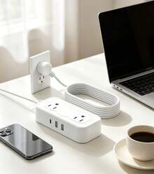 Multitoma Portátil Mazoom E-COA-2.5 Enchufe Doble Americano Integrado 3 Puertos USB Carga Rápida, Resiste 1250W, Cable de 150cm para Uso Doméstico y Oficina - Tipo de Enchufe A USA (110-127V) - Ver 1