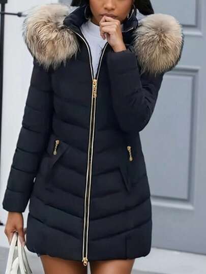 2026 New Winter Women's Mid-Length Slim Fit Thickened Padded Coat With Large Fur Collar, Premium Padded Coat