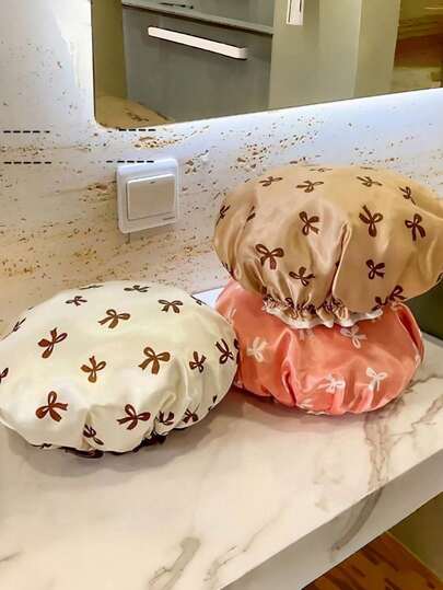 Bow Print Double Layer Waterproof Shower Cap, High Elasticity Fits All Adult Head Sizes, Waterproof For Bathing, Kitchen Oil And Smoke Protection, Makeup And Cleansing Hair Fixing; Suitable For Home Decor And Accessories, Bathroom Decor And Accessories, Christmas Home Decor, Autumn Home Decor, Living Room Soft Furnishing, Birthday Decor, Room Decor, Teacher Classroom Decoration, Essential Multi-Functional Home Hair Care And Toiletries For University Students