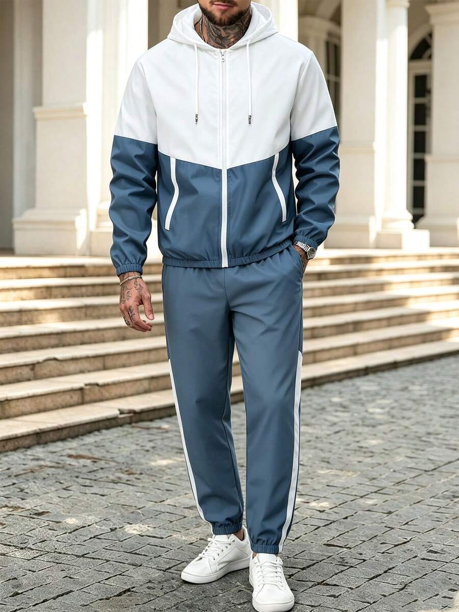 2件/套 男士運動套裝，時尚拼色長袖連帽拉鍊運動外套搭配純色抽繩慢跑褲，非常舒適 - 霧霾藍 - 查看 1