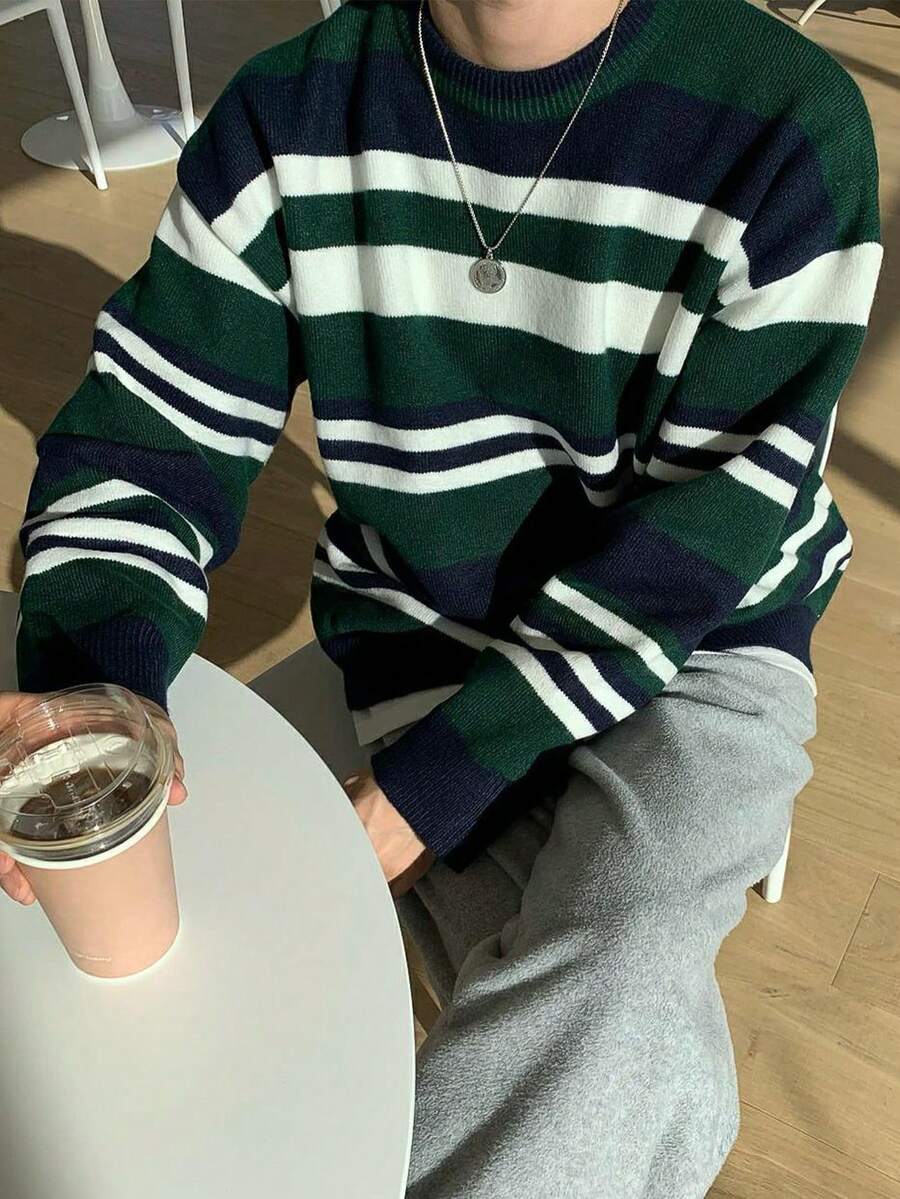 男士復古撞色條紋圓領套頭針織毛衣,寬鬆版型長袖毛衣,秋冬休閒上衣 - 綠色 - 查看 1