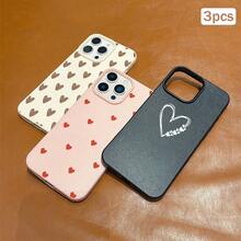 3pcs Heart Print Faux Leather Texture Anti-Drop Anti-Scratch Anti-Slip Phone Case Set, Kawaii Heart Aesthetic Design (Red Mini Heart, Beige Gradient Heart, White Line Heart), Compatible With IPhone 11/12/13/14/15/16/16 Plus/17/17 Pro/17 Pro Max/16e & Galaxy S24 Ultra/S25 Ultra/A06 - Multicolor - View 4
