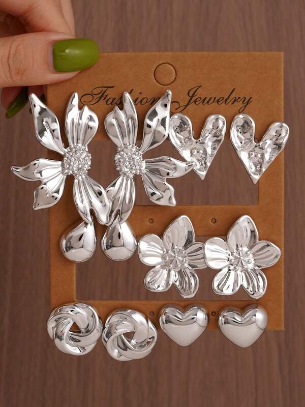 CCB Silver 12 Pairs Multi-Style Earring Set, Flower, Hollow Heart, Twisted Design, Layered Earrings, Gift Accessory