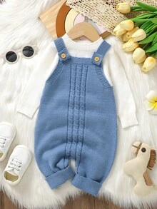 Baby Sweater Romper, Foggy Blue Cable Knit Suspender Crawler, Single Piece Solid Color Cable Knit Suspender Jumpsuit, Infant Vintage Romper - Blue - View 12