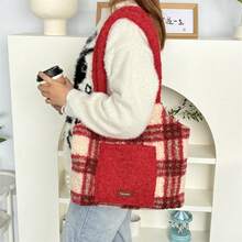 Women Shoulder Bags - Plush Patchwork Vest Bag: Brown and Green Stripes - View 8
