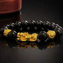 Gelang Pi Yao Ganda Obsidian Matte & Emas Pasir Baru, Kekayaan & Perlindungan, Gelang Pi Yao Tahun Zodiak, Hadiah Aksesori Fashion untuk Pria & Wanita - Hitam - View 6