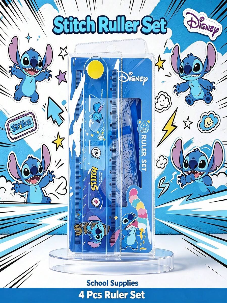 1Set Disney Officially Licensed Lilo And Stitch Themed Ruler Set Cute Cartoon Character Design Transparent Plastic Straight And Triangle Rulers For Sc - Multicolor - View 1
