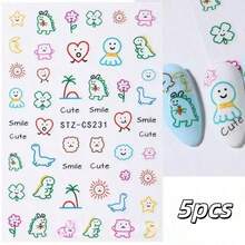 2pcs Cartoon Dinosaur Graffiti Style Nail Art Stickers, Cute Sun Face Stickers, Maple Leaf Nail Design Decoration DIY - Multicolor - View 10