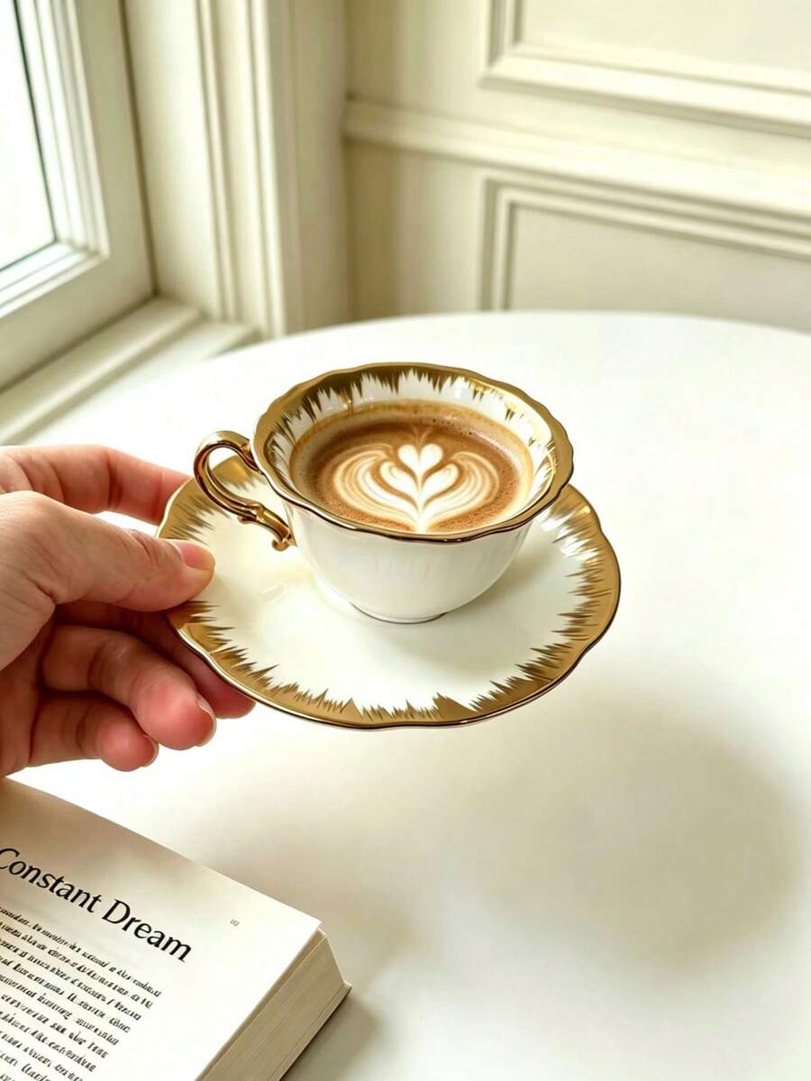6 Sets/1 Set 90ml Gold Rim Ceramic Coffee Cup & Saucer Set, Microwave & Dishwasher , Espresso Cup, Arabic Coffee Cup, Suitable For Afternoon Tea, Coffee Shop, Kitchen, Home Decor, Ideal Gift Choice - Multicolor - View 1