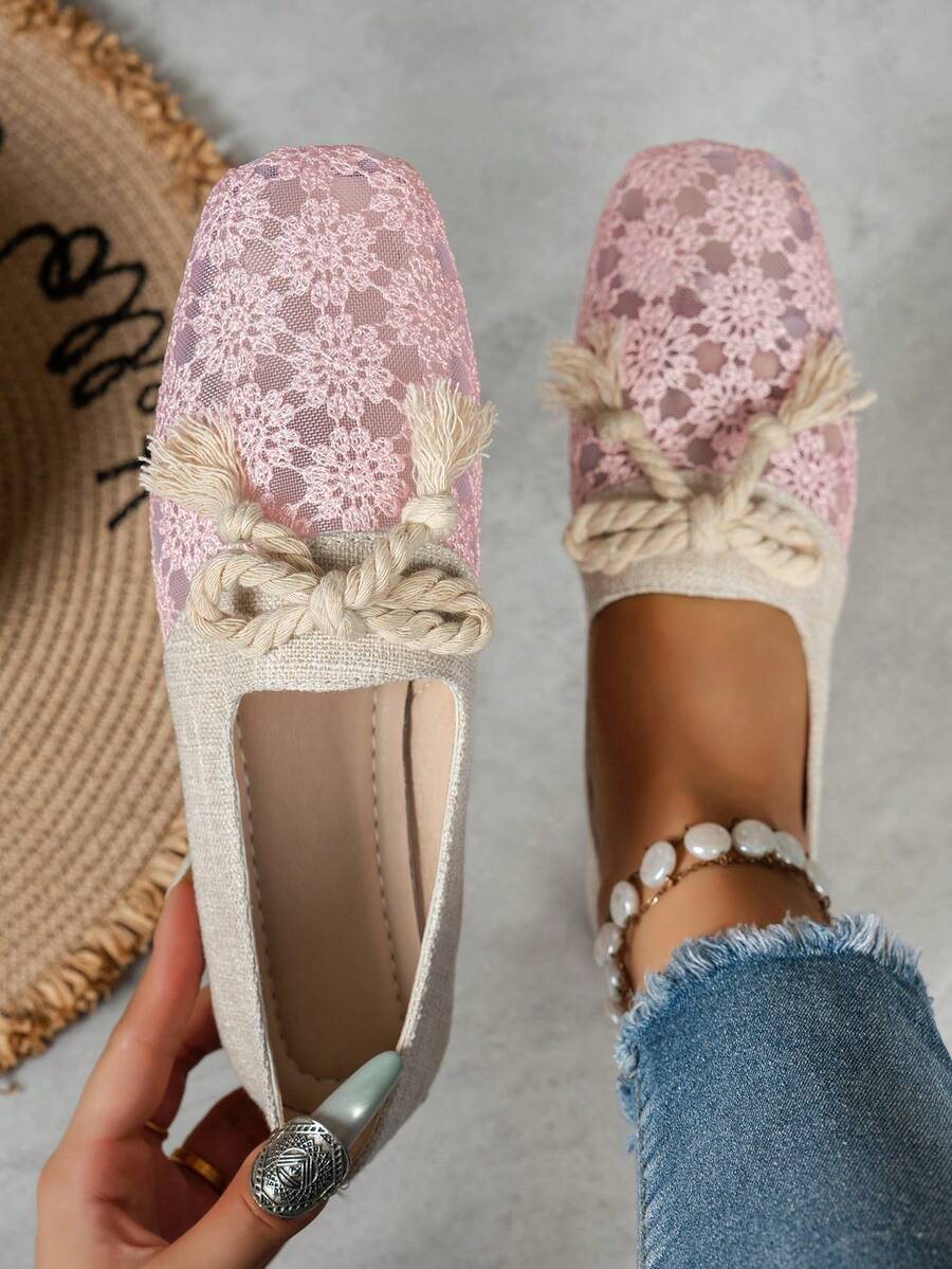 1雙女款花卉刺繡平底鞋,透氣夏季女休閒鞋 - 粉色 - 查看 1