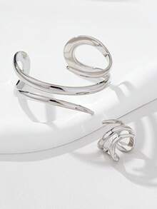 1 Set (1 pieza Pulsera de línea geométrica dorada y 1 pieza Anillo grueso de línea geométrica) - Plateado - Ver 8