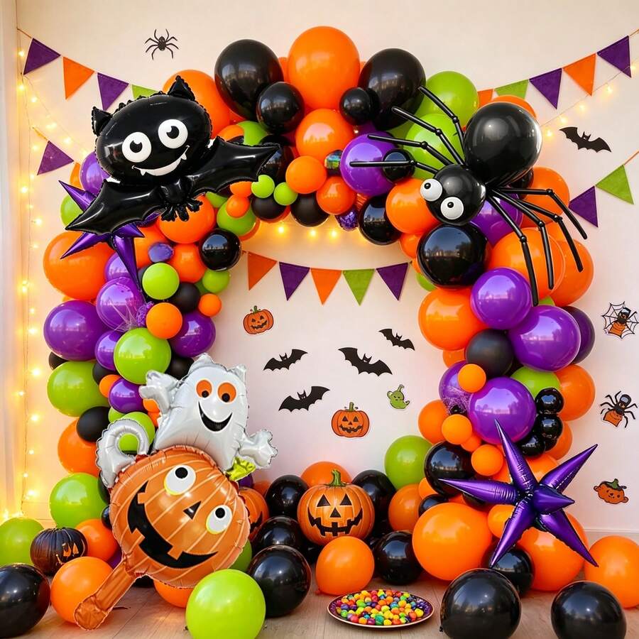 Halloween Theme Balloon Arch Garland Pack - Multi-Color Latex Balloons Matching Bat Pumpkin Ghost Spider Star Foil Balloons For Festival Scene Layout - Multicolor - View 1