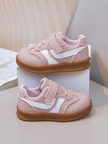 Girls' Versatile Colorblock Canvas Shoes, Lightweight Rubber Sole Hook And Loop Casual Sneakers - Pink - View 1