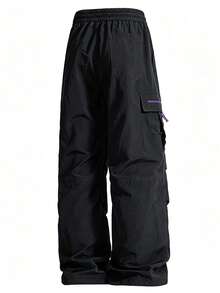 NBCT Women's Outdoor Cargo Wide Leg Pants With Elastic Drawstring Waist, Side Multiple Zipper Pockets, Versatile Casual Straight Leg Long Pants For Camping And Hiking - Black - View 4