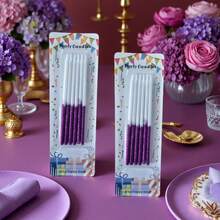 6 piezas de velas largas de cumpleaños con degradado de blanco a púrpura con purpurina, velas de decoración de pastel de lujo de doble color con base fija, elegantes adornos para postres, adecuadas para fiesta de cumpleaños, celebración de mujeres, banquete con tema púrpura, aniversario, decoración de mesa de postres de boda - Ver 8