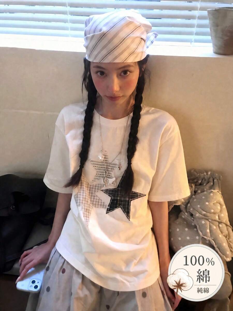 Y2K 輕亞文化風格原宿復古星星印花短袖 T 恤 E-Girl 上衣 夏季新款休閒白色短袖上衣 - 白色 - 查看 1
